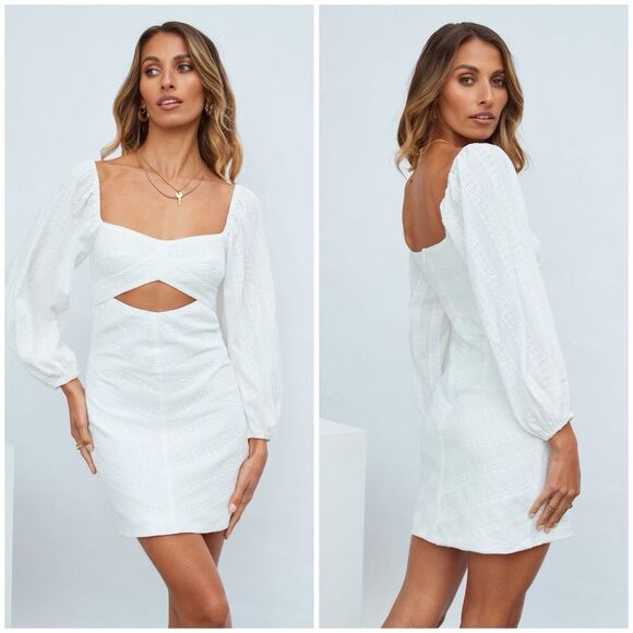 Hello Molly Feeling Smitten Dress White Puff Sleeve Cutout Mini Romantic Size XL - Picture 1 of 11